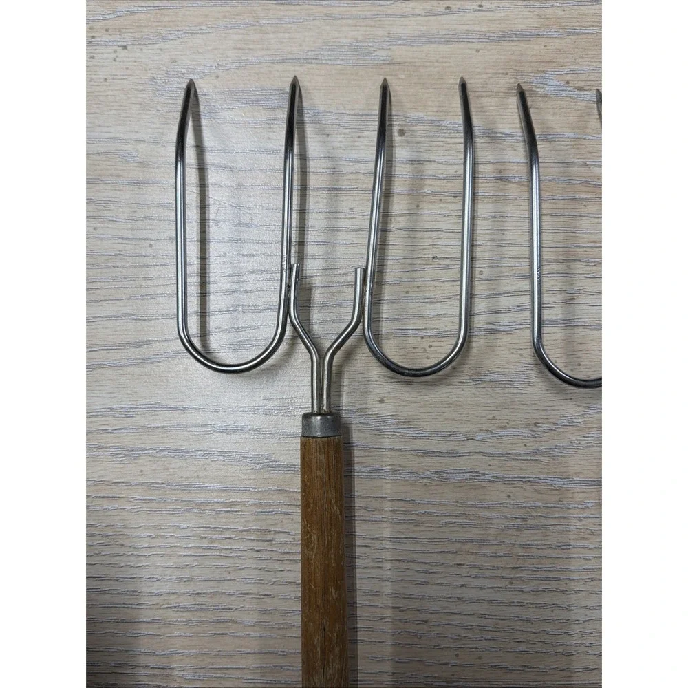 Pair Of‎ Vintage 4-Prong MEAT LIFTING FORKS With Wood Handles 10.5